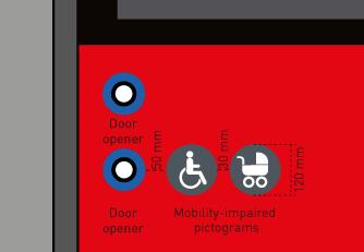4.3.3 Signalknapp for døråpning for PRM (Personer med Redusert Mobilitet) 49. Alle dører unntatt første dør: Knapp for PRM plasseres under knapp for døråpning 50. Knapp for PRM merkes ihht. Punkt 4.3.4 4.