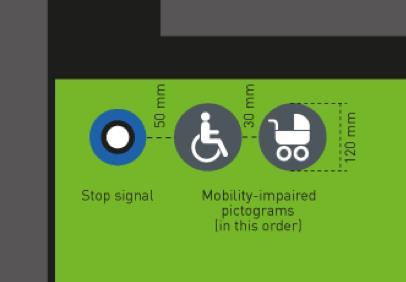 21. Merke for rullestol (Picto_wheelchair_PMS432_neg.pdf) plasseres på samme senterlinje som knapp for døråpning, med en avstand på 50 mm 22. Merke for barnevogn (Picto_pram_PMS432_neg.
