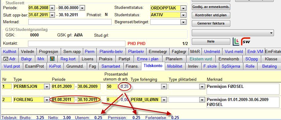 Før registrering: Forklaring: Ved registrering av permisjon i bildet PERM, så oppretter FS de 2 linjene i TIDSKONTO (se under).