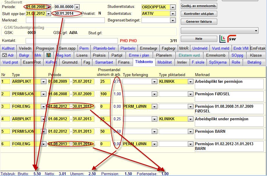 Eksempel 6 Tilfelle: Registrering av 50 % permisjon i perioden 01.02.2012 31.01.2013 (1 år) der studenten har hatt permisjon tidligere.