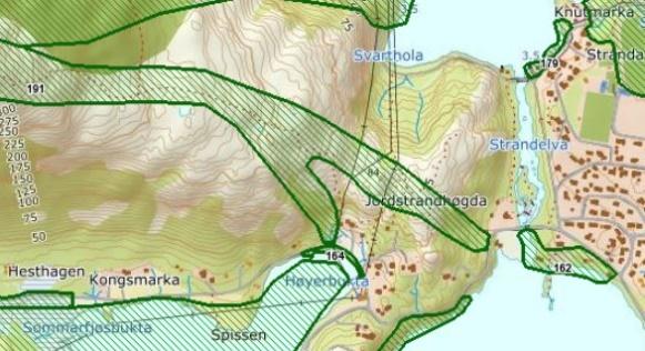 kartutsnittet til høyre). Ifølge konsekvensutredningen går det en sti etter et gammelt veifar gjennom området i dag.