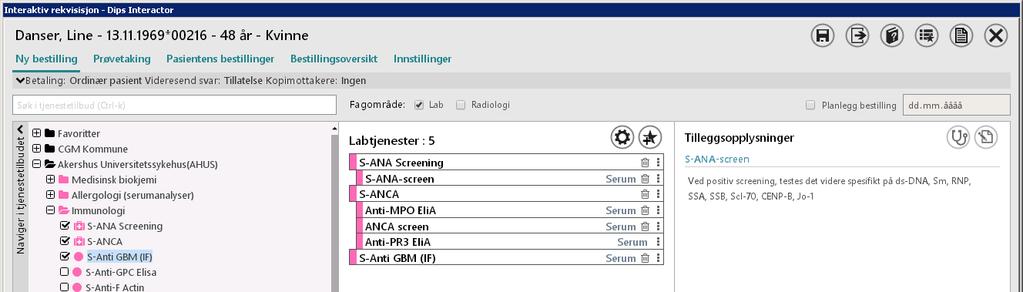 Side 4 Programmet starter opp. Fra menyen på venstre side kan man da bestille aktuelle prøver. Sentrale funksjoner: - Ny bestilling, Prøvetaking, Pasientens bestillinger, bestillingsoversikt.