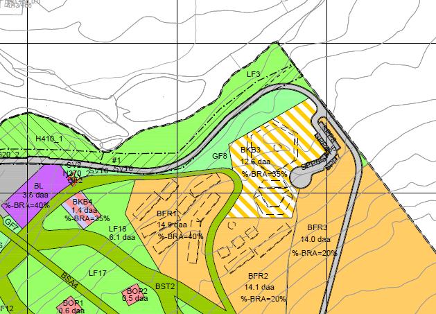 Området BKB3 er redusert fra 15.9 daa til 12.6 daa, der man har sløyfet deler av området som ligger nærmest veien/elva. Formål- og byggegrense er flyttet for å imøtekomme innsigelse fra Fylkesmannen.