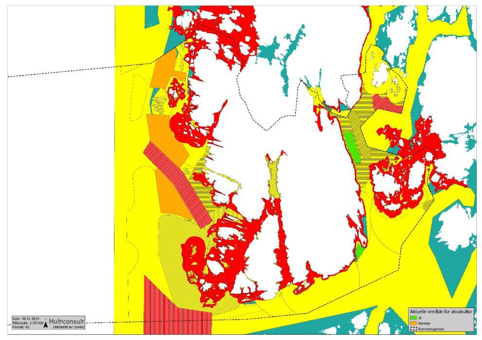 Figur 12. Resultat av analysen, med aktuelle område for akvakultur.
