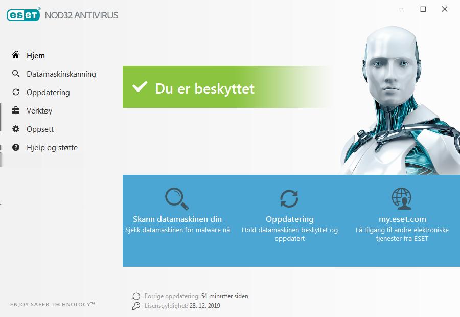 Hjem-skjermbildet inneholder informasjon om gjeldende beskyttelsesnivå for datamaskinen. Statusvinduet viser også funksjoner som blir ofte brukt i ESET NOD32 Antivirus.