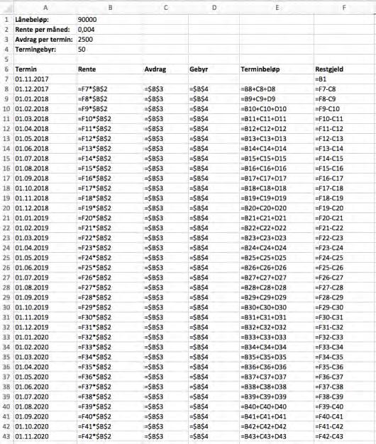 Terminbeløpet er summen av rente, avdrag og gebyr, og for første termin bestemmer vi dette ved =B8+C8+D8.