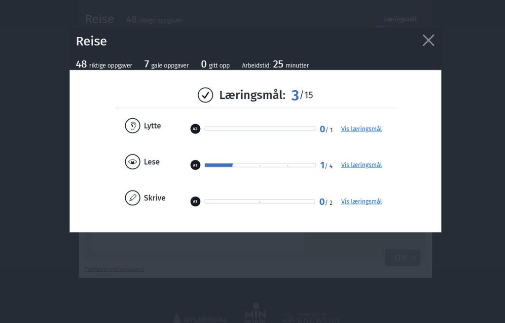Deltakeren kan klikke på «Læringsmål» for å få mer innsikt i sin egen progresjon. Læringsmålene er inndelt i ferdighetene lytte, lese og skrive.