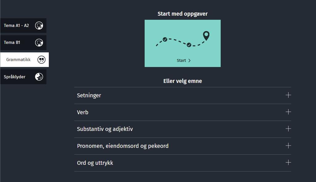 Grammatikk og språklyder to innganger Det er to hovedmåter å jobbe med grammatikkdelen på: 1. All grammatikk fra enkel til avansert Velg den grønne knappen «Start med oppgaver».