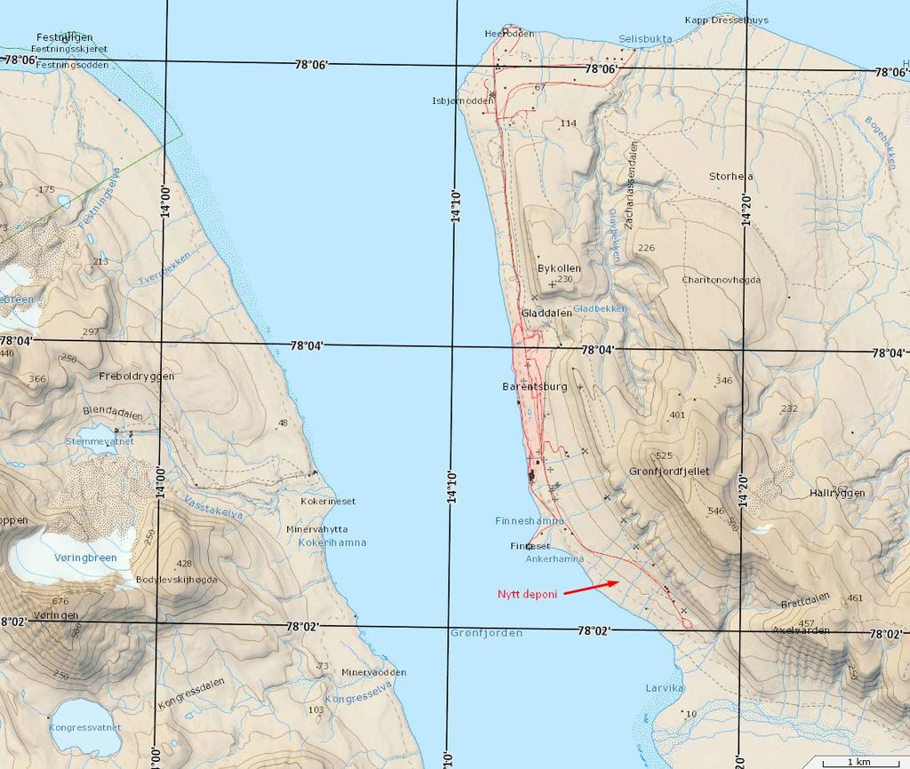 4. Beskrivelse av planområdet Figur 2 Lokalisering av planområde. Kart fra TopoSvalbard.