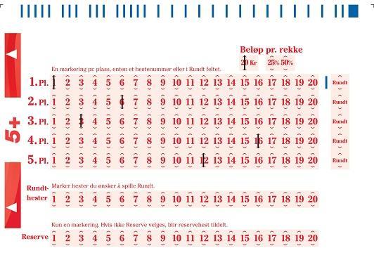 5+ egenutfylt gjøres på følgende bong hos kommisjonær: Forklaring til utfylling: Det kreves en markering for hver plass (1.pl -5.