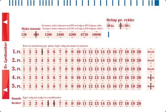 Dette kan gi følgende spill (egne valg understreket): 1: 4 2: 10 3: 5,6,8,9 4: 5,6,8,9 5: 5,6,8,9 24 rekker x 5 (25% beløp pr.