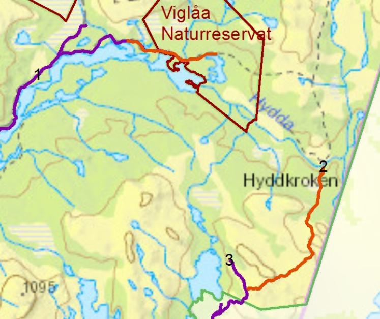 Skardsfjella og Hyllingsdalen landskapsvernområde. Kartutsnitt 2 viser veger (lilla)og kjørespor(orange) definert i forvaltningsplanen for Skardsfjella og Hyllingsdalen landskapsvernområde.