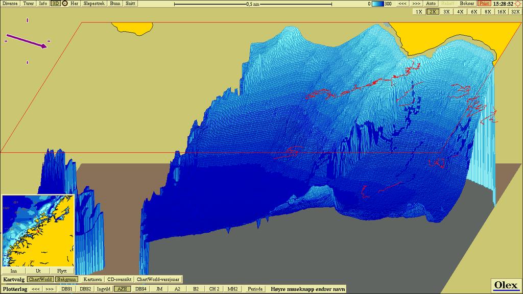 Forskjellen mellom dybdekoter er skalert X2 for bedre visualisering. Kartdatum WGS84. Figur V3.