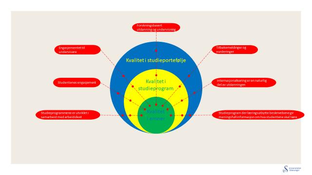 Forskningsbasert utdanning og undervisning. Se beskrivelsen under læringsutbyttebeskrivelser Disse syv faktorene som er forankret i universitets stragegi, kvalitetsmelding, forskning m.m., er den røde tråden i kvalitetssystemet ved UiS.