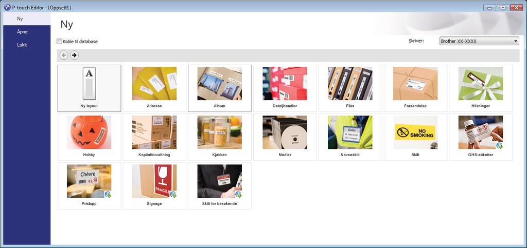 Slik bruker du P-touch Editor c Velg ett av alternativene som vises: 4 1 3 2 3 1 For å opprette et nytt oppsett må du dobbeltklikke på Ny layout eller klikke på Ny layout og så klikke på.