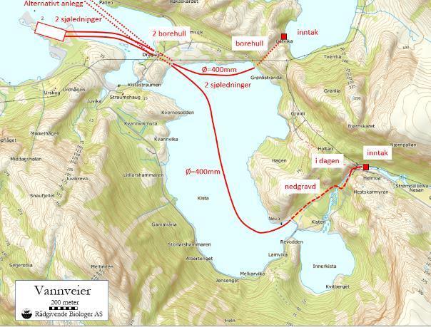 Det vil bli lagt en vel 3 km lang Ø=400mm ledning fra inntak til planlagt anlegg på Tangeneset / Klubban.