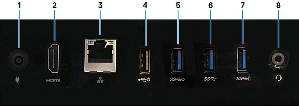 Bakpanel 1 Strømadapterport Koble en strømadapter for å gi strøm til din datamaskin. 2 HDMI-utgang Koble til en TV eller en annen HDMI-inngang-aktivert enhet. Gir video- og lydutgang.