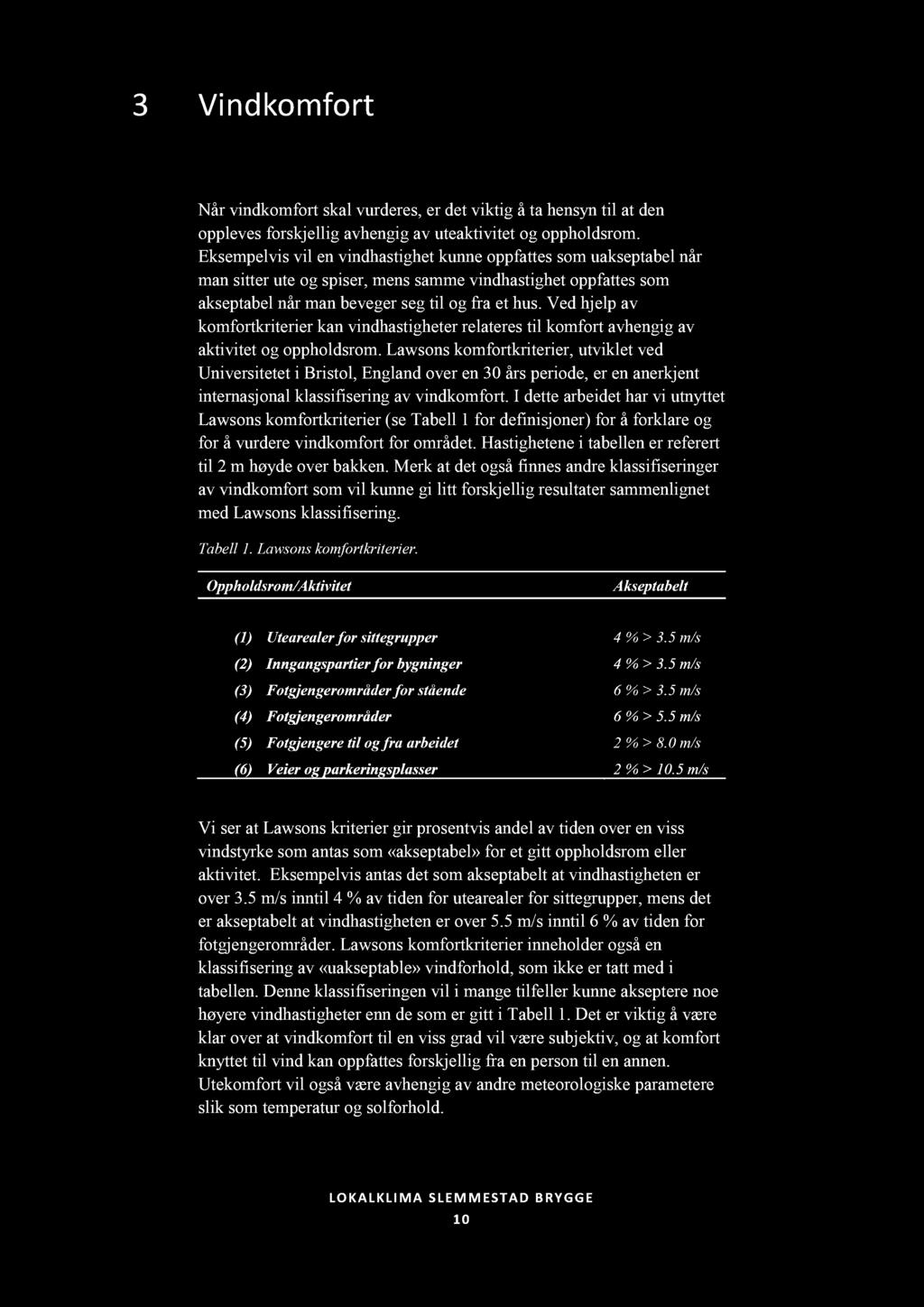 Ved hjelp av komfortkriterier kan vindhastigheter relateres til komfort avhengig av aktivitet og oppholdsrom.