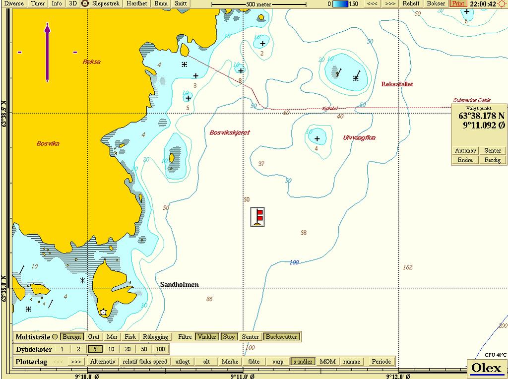 , m dyp Målt: Vurdering Sjøtemperatur,, ºC Normal temperatur Strømhastighet Gjennomsnitt % < 1 cm/sek 1, % % < 3 cm/sek 9,9 %,3 cm / sek Periode < 1cm/sek 1 min Max måling 3, cm / sek Effektiv