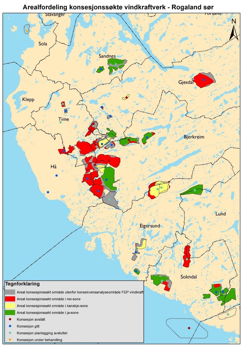 10.6 Konsesjonsområder Rogaland Kart 1: Røde områder med blå prikk er nei-soner i RP som hvor det likevel er blitt gitt konsesjon for