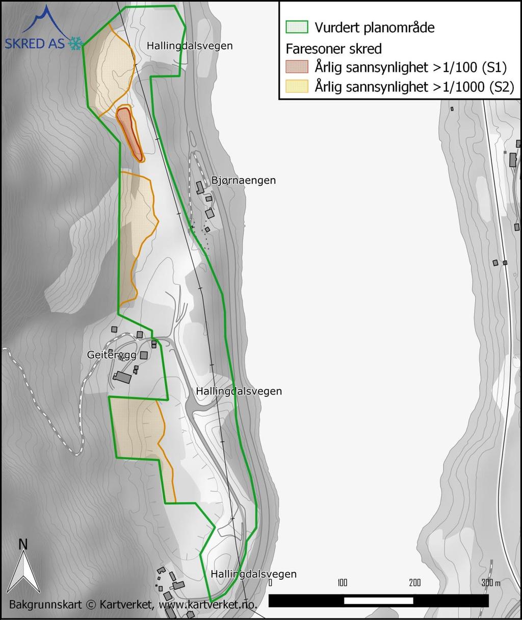 Figur 14: Faresoner innenfor det vurderte planområdet. 4.6 Forutsetninger for faresonene Skredfarevurderingen forutsetter dagens vegetasjonsforhold.