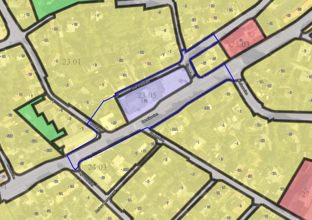 Planstatus g rammebetingelser Kmmuneplanens arealdel 2018-2030 Østre del av utbyggingsmrådet er i gjeldende kmmuneplan avsatt til frretning (jf. lilla farge i figur nedenfr).