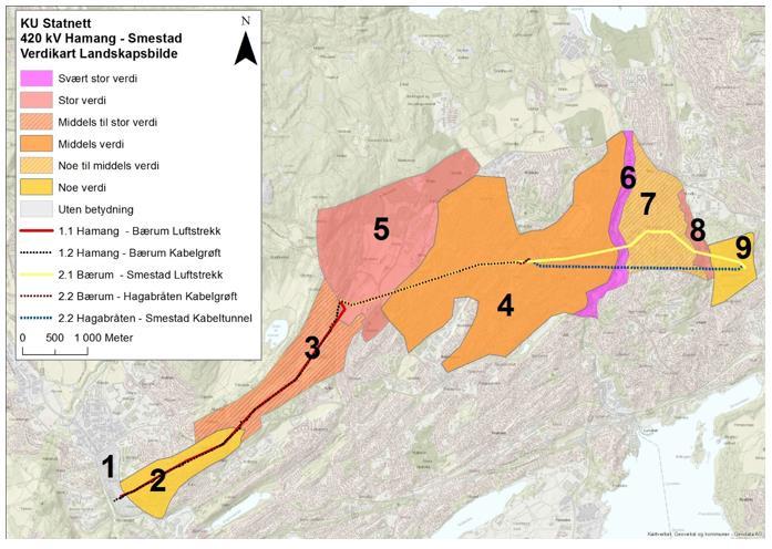 Figur 50: Verdikart landskapsbilde. (kilde: Sweco). Hamang-Bærum Lengst i vest ligger Hamang transformatorstasjon og preger området visuelt.