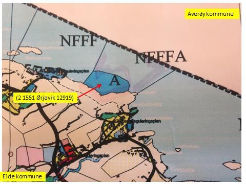 Kart: Opprinnelig Akvakultur-areal som tas ut av planen. Hensynsone H570_02 run PLanformål: land LNF-område, LNF-område m/spredt ervervsbebyggelse. byggeområde (190). Industri (133.
