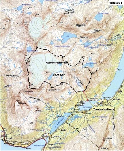 Turrelva 1, til venstre oversiktskart. Nedslagsfeltet, hvor Gjømmedalsbreen utgjør en stor del, er markert med svart strek.