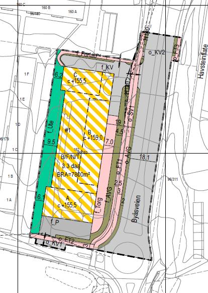 Forslag til plankart fra tidligere høring Forslag til revidert plankart Byåsveien Ved at arealet for forretning nå foreslås trukket helt ut mot Byåsveien har Statens vegvesen stilt krav om snøoppkag