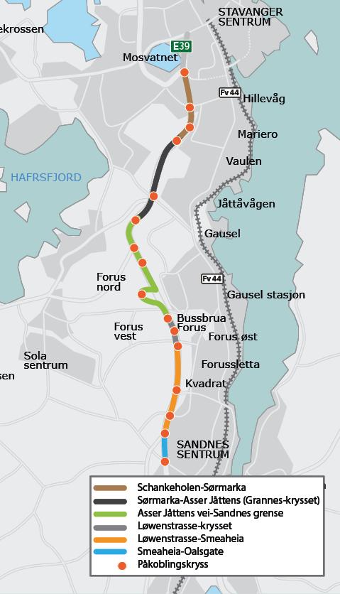 Sykkelstamvegen Det planlegges en sammenhengende høystandard sykkelstamveg langs E39 fra Stavanger til Sandnes, via Forus/Lura. Sykkelstamvegen skal være forbeholdt syklister.