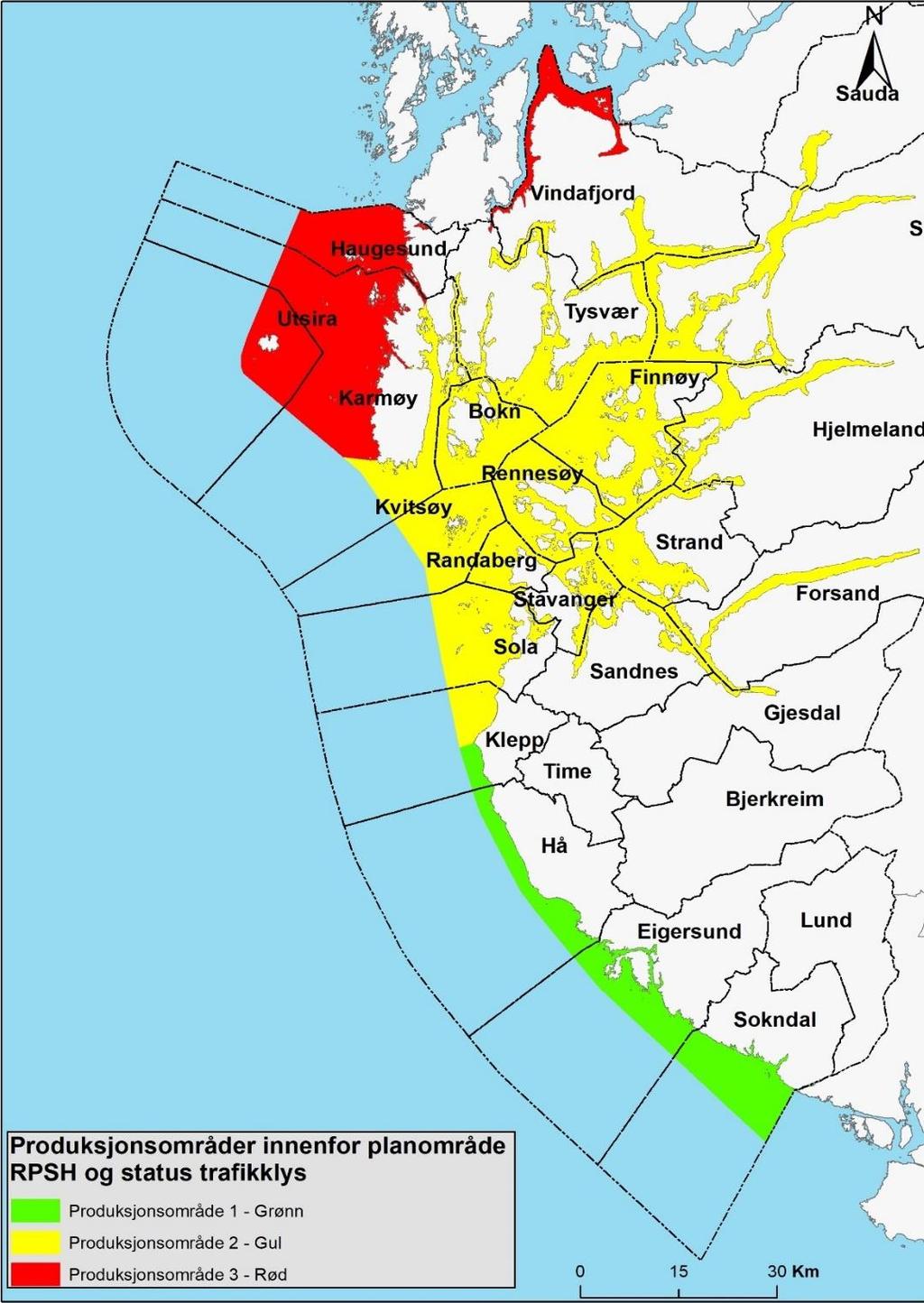 Kartet viser kva kommunar i Rogaland som høyrer til kva produksjonsområde og status på produksjonsområda når det gjeld vekst innan lakseoppdrett.