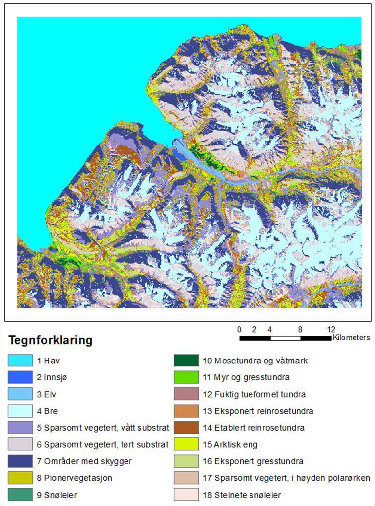 Figur 1. Vegetasjonstyper i Longyearbyen og nærområdene. Kartet viser utsnitt av et satellitt-basert vegetasjonskart.