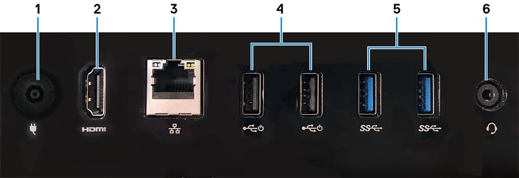 Bakpanel 1 Strømadapterport Koble en strømadapter for å gi strøm til din datamaskin. 2 HDMI-utgang Koble til en TV eller en annen HDMI-inngang-aktivert enhet. Gir video- og lydutgang.