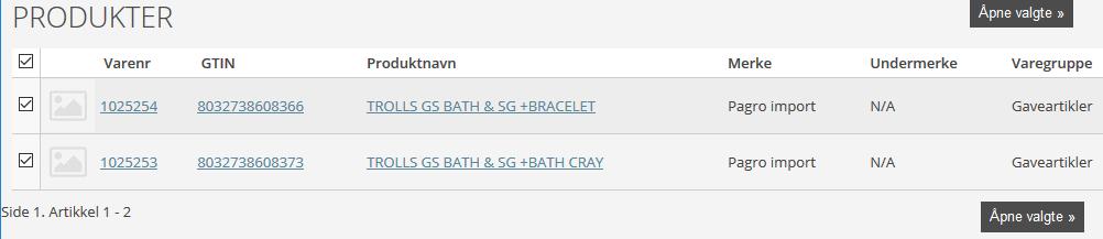 Du kan laste opp den samme informasjonen til flere produkter samtidig ved å merke flere produkter før du klikker på «Åpne valgte».