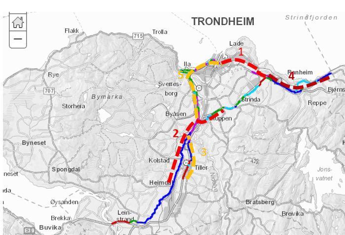 Høy samfunnsnytte Hovedsykkelveg langs fv. 6662 fra sør Videre inn i Sluppenområdet i. Delfinansiering KDP Sluppen Ferdig forprosjekt 3. E6 Tiller Selsbakk Høy samfunnsnytte Hovedsykkelveg langs fv.