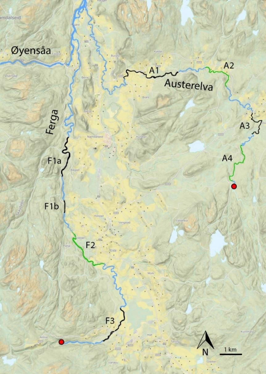 Gytefisktellingene i Austerelva ble gjennomført 15. oktober 2018. Fire lysfiskelag undersøkte fire ulike strekninger av elva (figur 2).