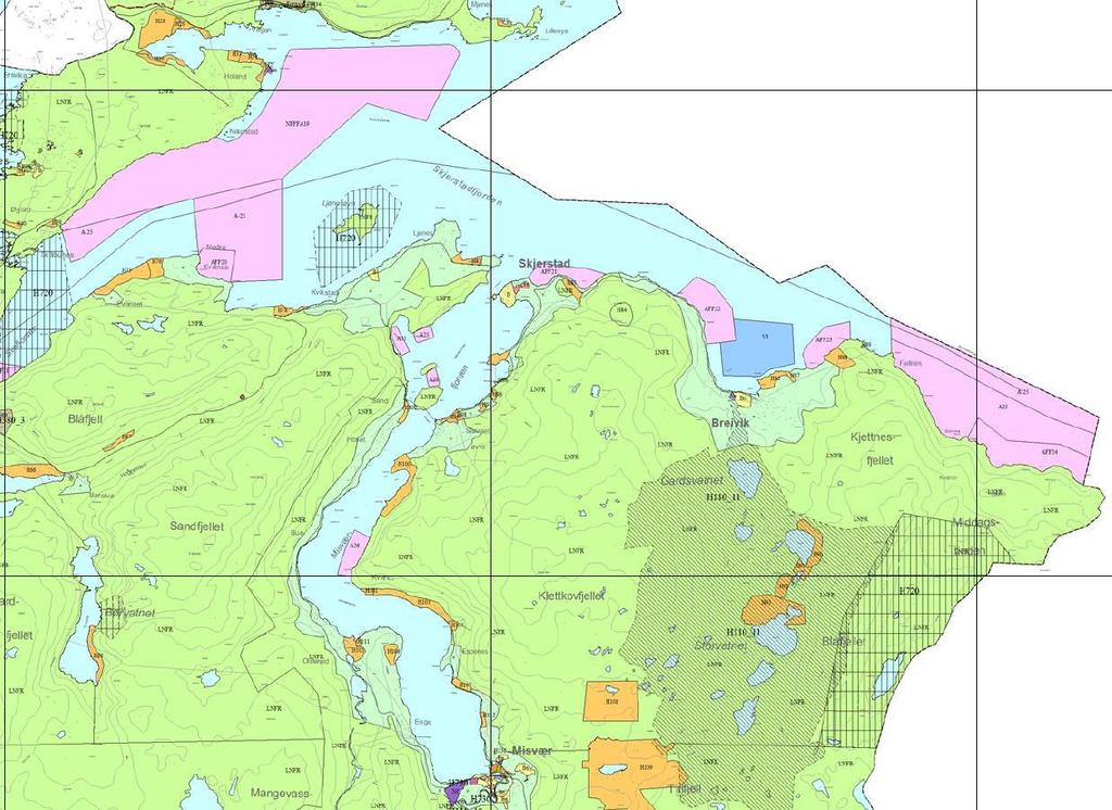 Utsnittet viser planstatus i kommuneplanens arealdel 2014 2026. Rosa arealformål er akvakulturformål, samt fortøyning. Lyseblå farge er Bruk og vern av sjø- og vassdrag.
