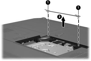 10. Fjern braketten som holder harddisken på plass (2). 11.