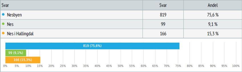 Av de 1084 personene som har svart på undersøkelsen mener 819 personer (76 %) at det fremtidige kommunenavnet bør være Nesbyen.