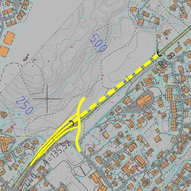 Kryssramper mot vest gir 250-300m løsmassetunnel.