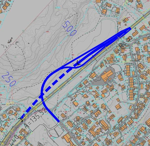 Kryssramper mot øst gir ca 250m løsmassetunnel. Lokalveg og ramper beslaglegger en del av terrenget over tunnelen. 3.4.