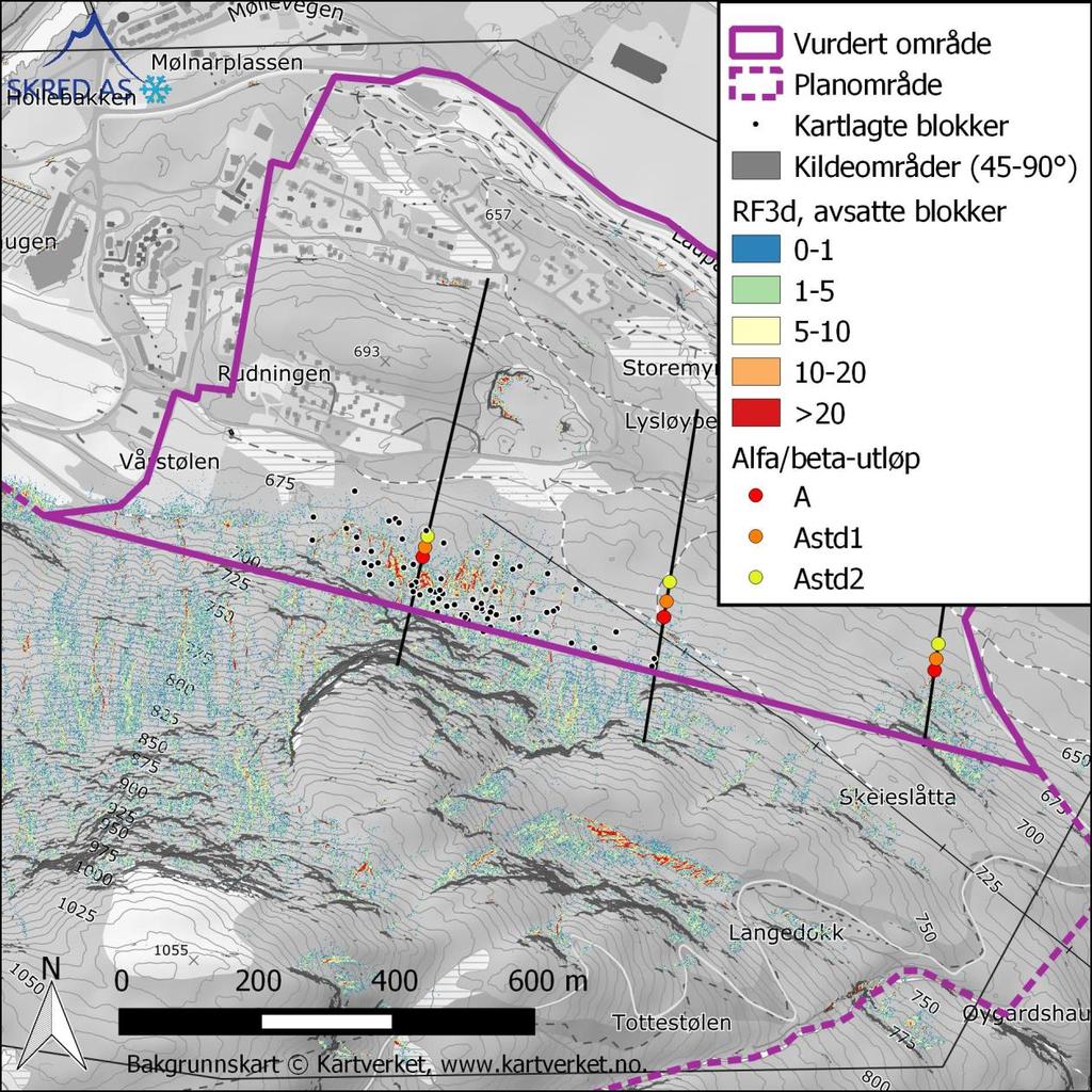 Figur 8: Eksempel på beregningsresultat i RF3d med 1 m 3 blokker, samt beregnet utløp med alfa/beta-metoden for steinsprang. Figuren viser også kartlagte blokker fra drone- og flyfoto. 4.