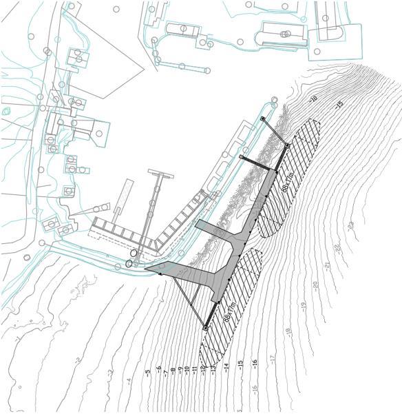 17 meter Dypgang: 6,5 meter DWT: 5 500 tonn Det er lagt til grunn at 2 «store» brønnbåter skal kunne ligge til kai samtidig. Dette gir en total lengde på ca. 90+90+5= 185 meter.