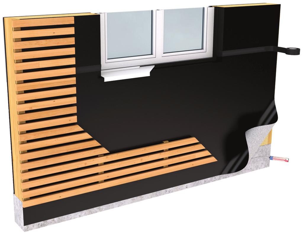 Montering av membran på fasade med åpne spalter Ampacoll UV 60 Ampatop F-black Ampacoll Superfix Kledninger laget av tre eller metall lages også med åpne skjøter av designgrunner, slik at fasaden