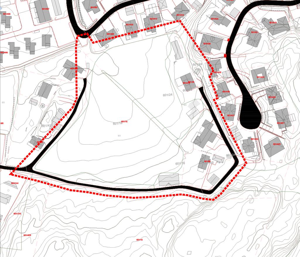 Planavgrensning Det ønskes varslet oppstart etter avgrensning vist med rød stiplet tykk linje. Avgrensningen vist på kartet er ikke presist vist, og må endelig godkjennes av kommunen.