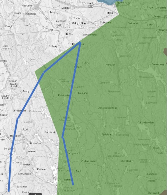 Figur 1: Viser konflikten mellom avsatt område egnet for vindkraft og hva som er kartlagt som regionalt verdifulle friluftsområder. Kilde: Fylkesplanens kartløsning for temakart friluftsområder.
