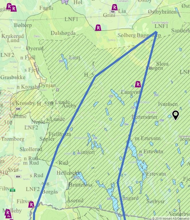 Figur 2: Viser konflikten mellom avsatt område egnet for vindkraft og gjeldende arealformål i kommuneplanens arealdel 2015-2027.