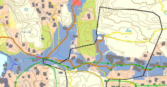 Utsnitt frå Fjell kommune sit aktsemdkart for flaum og overvatn Open overvasshandtering er sikra gjennom formål G1-3 som