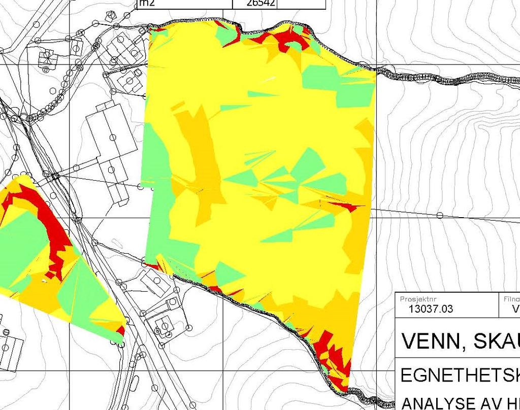 Fig. 8. Helningskartet over tomt 2 (grønt betyr under 5% helning, gul mellom 5 til 10%, oransje mellom 10 til 20% og rød utover det) Høydeforholdet er relativt gode mht.